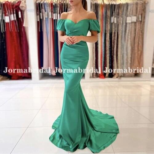 Short Puff Sleeve Emerald Green Evening Dresses Off Shoulder Mermaid Shiny Satin Long Prom Dress Sweep Train Formal Evening Gown