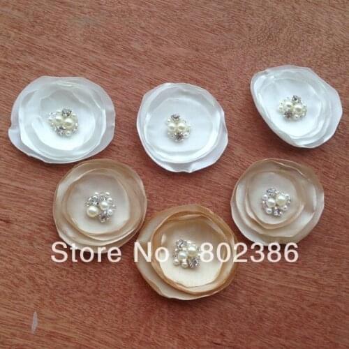 Ivory and beige Satin Burned Flower loose pearl rhinestone center