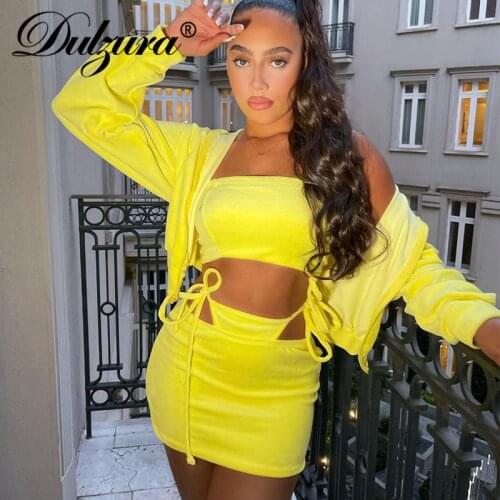 Dulzura 2021 Autumn Winter Women Yellow Velvet 3 Pieces Long Sleeve Coats Tube Tanks Lace Up Mini Skirt Set Tracksuit Outfits