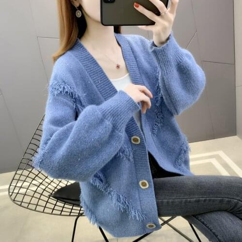 Room 201415 8 Row 4 lower] real shot V-neck solid color long sleeve button knitted cardigan 54