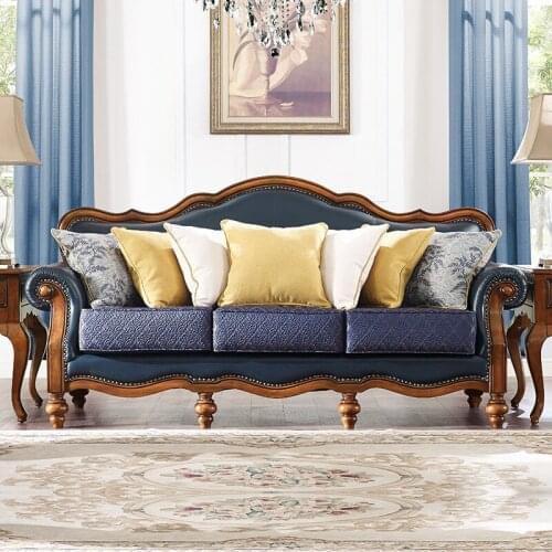 American style solid wood leather sofa European style living room sofa combination retro wood sofa