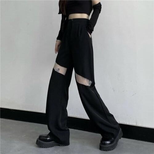 Lace Hollow Out Fashion Lady High Waist Harajuku Wide Leg Pant Black Gothic Cool Women Long Pants Street Casual Button Trousers