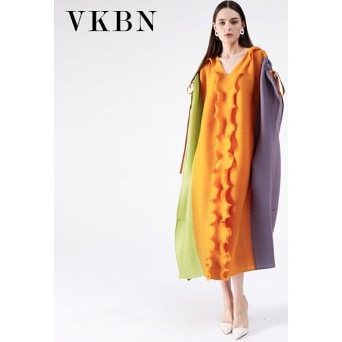 VKBN Fashion Summer Dress Patchwork Pleated Fabric Short Sleeve Loose V-Neck Petal Sleeve Industrial for Women Dress Plus Size
