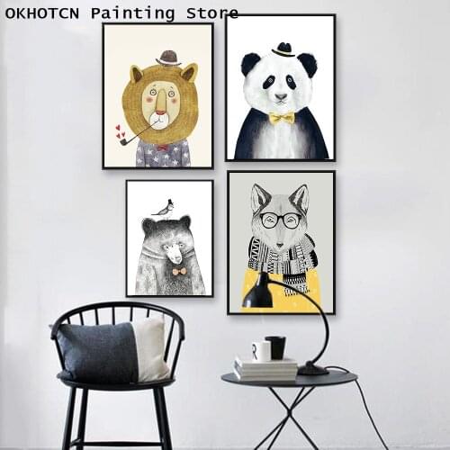 Cartoon Animal Bear Lion Panda Canvas Poster Minimalism Nordic Art Canvas Painting Pictures Modern Home Children Room Wall Decor