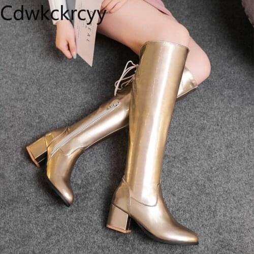 Winter The New fashion Thick heel Knight boots Gold Silver banquet Plus velvet Keep warm High heel Women boots plush size 34-45