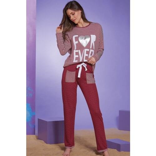 NEW SEASON Womens Burgundy Line Heart Embroidered Pajamas