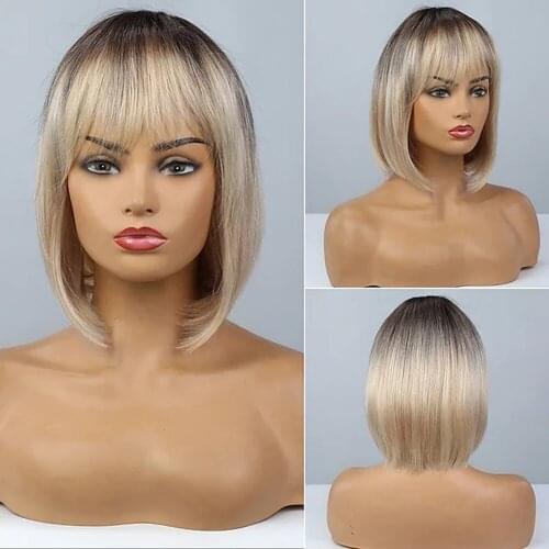 Human Hair costume Wig Short Bob Free Part style Brazilian Hair Short Straight Silky Straight blonde ombre Costume Wig
