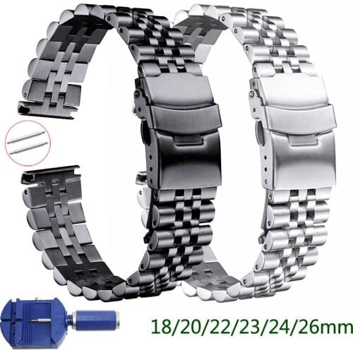 Silk Glossy Stainless Steel watchband 18mm 20mm 22mm 23mm 24mm 26mm Watch Band Double Lock Buckle Replacement Watch Strap w Tool