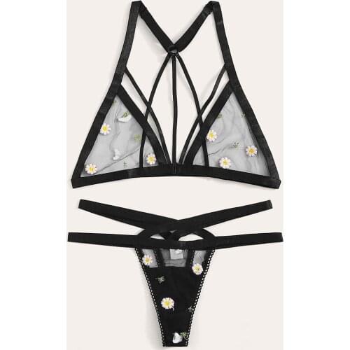 Sexy Underwear Set Bra Daisy Lace Embroidery Sleeveless V Neck+Thong Transparent Gauze Women Erotic Lingerie Bielizna Damska