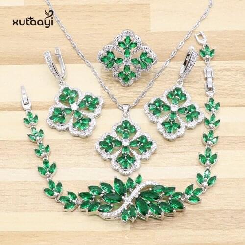 XUTAAYI 4PCS Top Quality Silver Jewelry Sets Green Imitated Emerald Super Wedding Necklace/Rings/Earrings/Bracelet