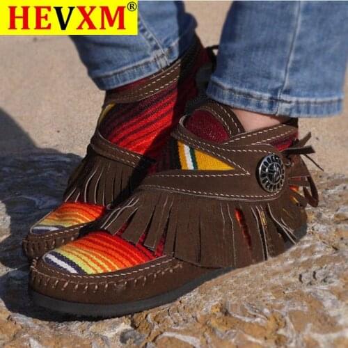 Women Tassel Stripe Ankle Boots 2020 Womens Sewing Warm Woman Flats Female Shoe Ladies Casual Hook Loops Footwear Plus Size 43