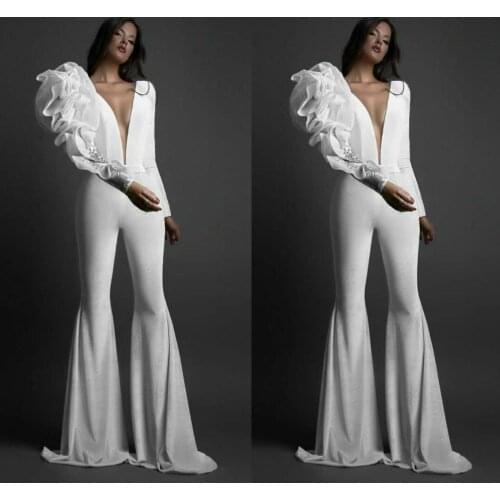 Satin Deep V Neck Jumpsuits 2021 Women Prom Dresses Long Sleeves with Ruffles robes de mariée Fashion Celebrity Evening Gowns