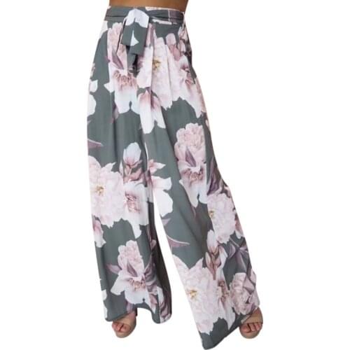 Women Floral Printed Pattern Pants with Waistband, Loose High Waist Wide-leg Trousers Spring Autumn
