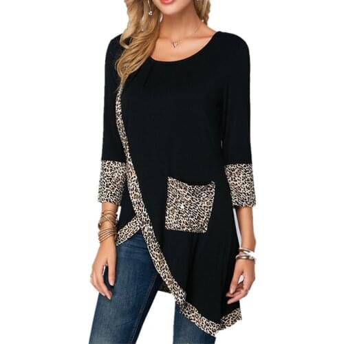 Leopard Print Pocket Long Tshirts Women Black T Shirt 2020 Spring New Long Sleeved Casual Shirts Top O-Neck Irregular Designed