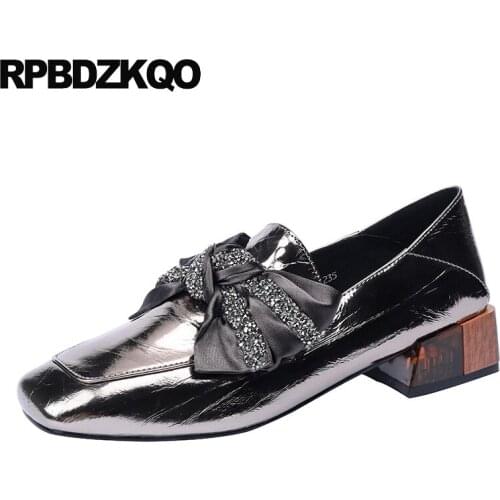 Pumps thick square toe luxury women shoes runway size 4 34 brand 2019 block casual slip on bow gun color fashion chunky designer