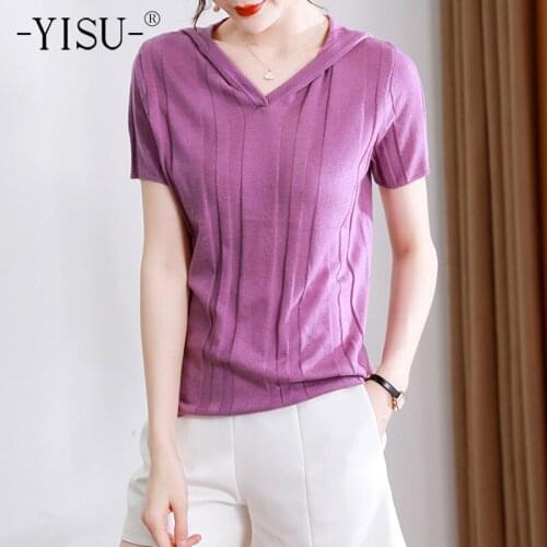YISU Women Wool Summer Thin section Sweater Hooded collar Female Casual Jumper Solid color New Short sleeve Knitted Pullover