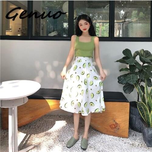 Women Two Piece Outfits 2019 Summer Vintage Streetwear Slim-fit Knit Vest High-waist Avocado Print Skirt Casual Tracksuit Women