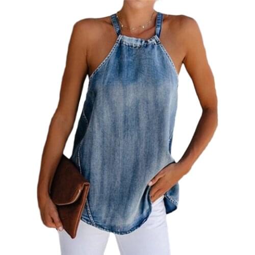Women Sexy Halter Denim Vest Fashion Off-Shoulder High Street Solid Color Casual Sleeveless Lace Up Bottoming Top