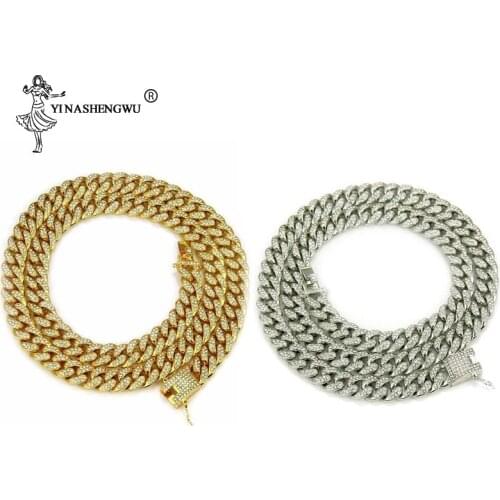 13MM 1Set Iced Out Paved Rhinestones Gold Gold Full Miami Curb Cuban Chain CZ Bling Rapper Necklaces For Men Hip Hop Jewelry