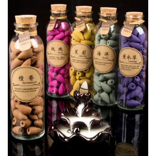 65PCS Glass Bottle Package Flavor Can Choose Natural Smoke Backflow Incense Cones Hollow Cone Incense Sandalwood Incense