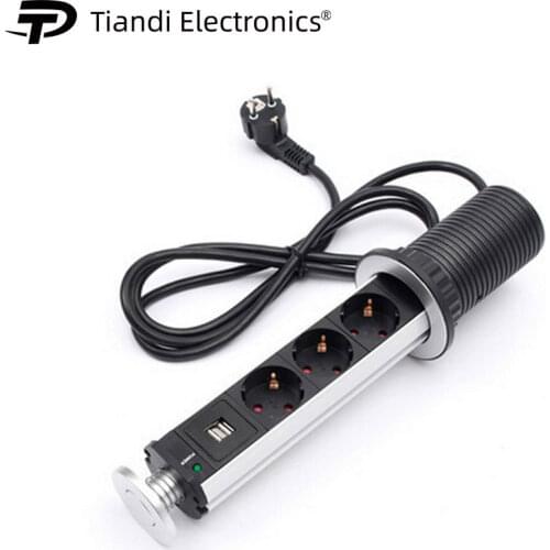 Black 1.9m extension cable table socket 3-bit EU standard jack pull-out retractable outlet with USB charge blue power indicator