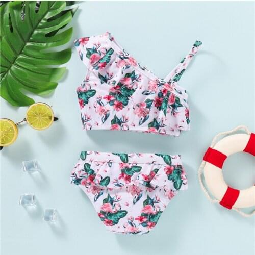 Girls Swimsuit Two Piece Set Childrens Ruffled Flamingo Printed Shoulder Straps Tops Elastic Waist Shorts Swimwear for Kids