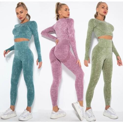2PCS Seamless Yoga Se Women Sports Suit Workout Sportswear Gym Set Long Sleeve Crop Top High Waist Leggings Fitness Clothing