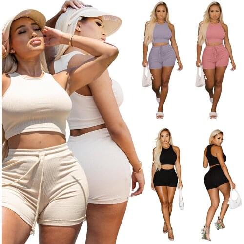 Summer Casual Short Tracksuits Solid Sleeveless Tank Crop Tops Drawstring Mini Shorts Ribbed Knit High Elastic 2 Pieces Outfits