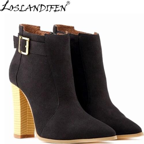 LOSLANDIFEN Fashion Womens Winter Boots Flock Thick Heels Shoes High Pointed Toe Ankle for Women 732-1VE