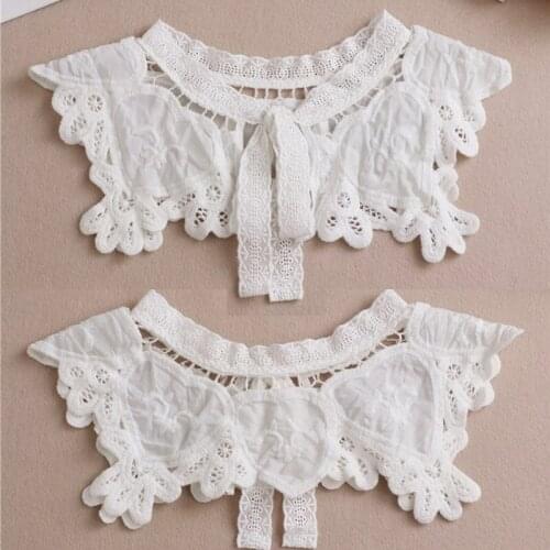 Women Sweet Hollow Out Heart Lace False Fake Collar Lolita Lace-Up Bowknot Detachable Necklace Shawl Decorative Capelet