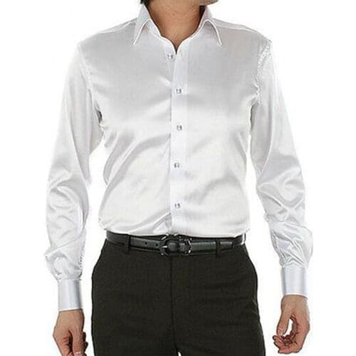 New 2020 Leisure Clothing Wedding Prom Emulation Silk Long Sleeve Shirts Mens Casual Shirt Shiny Satin Royal Blue White Black