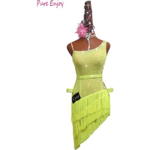 New Latin Dance Dress Women Competition Costumes Custom Practice Skirts Shining Crystal light green Thick Fringed Latin Dresses