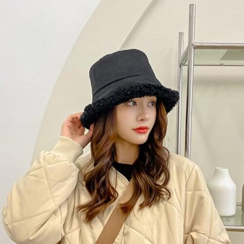 New Lamb Wool Women Bucket Hat Solid Color Autumn Winter Fishermans Hats for Ladies Keep Warm Casual Cap Female Flat Top Hat