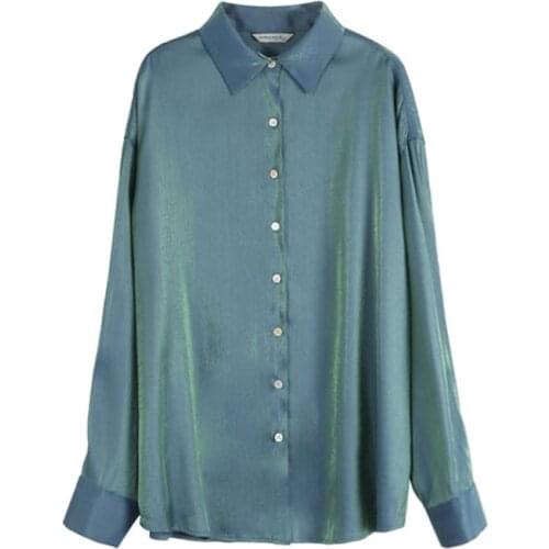 PERHAPS U Women Polarized Light Shirt Blue Fuchsia Green Satin B0378