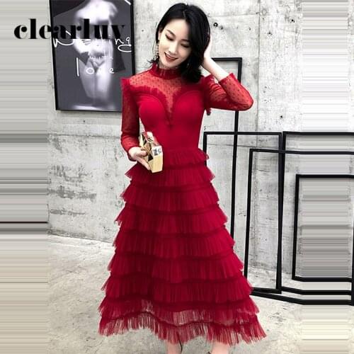 High Collar Long Sleeve Elegant Prom Dress DR353 Burgundy Tiered Banquet Gowns For Women A-Line Tea-Length Vestido De Fiesta