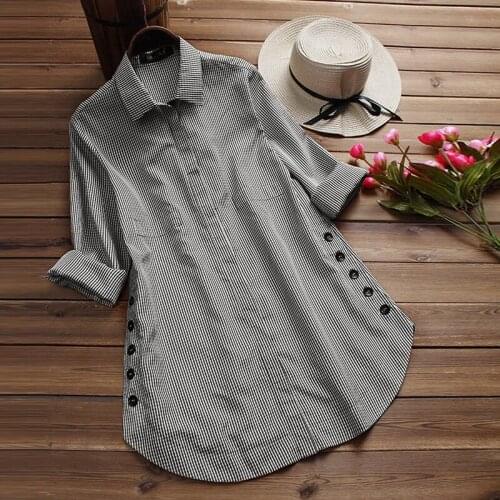 Casual Plus Size Office Shirt Loose Tops And Shirts Plaid Print Solid Color Women Turn-down Collar Long Sleeve Female Blouse