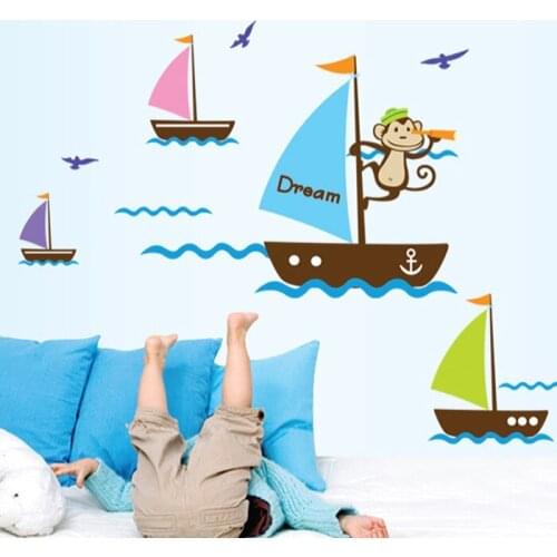 Removable PVC Cartoon Childrens Bedroom Stickers Monkey Sailing Sea Seagull Dream Wall Sticker Vinyl Art Home Decor Mural