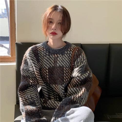 Sweater oversize Winter 2021 new plaid sweater Pullovers women loose long-sleeved knitted sweater O-neck chic pull femme