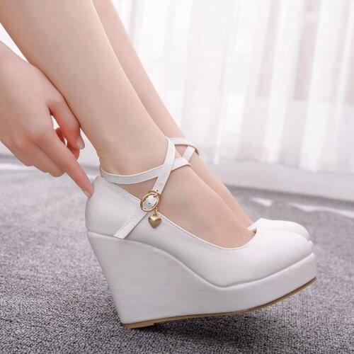 Wedge single shoes high heels round head cross buckle waterproof platform wedge heels large size wedge heels women