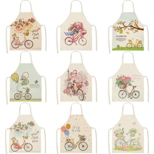 Bicycle Printed Kitchen Apron for Woman Sleeveless Cotton Linen Aprons For Cooking Home Cleaning Tools
