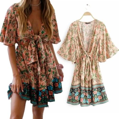 Vintage Chic Womens Floral Print Deep V-neck Bohemian Mini Dress Ladies Batwing Sleeve Rayon Knotted Short Dresses Vestido