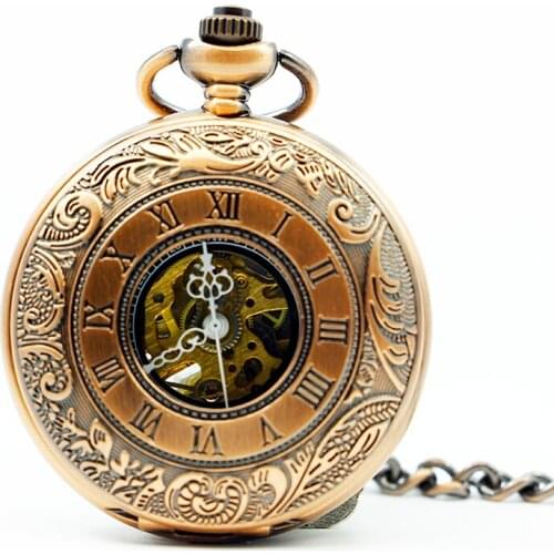 Vintage Antique Bronze Classic Chain Fashion Steampunk Skeleton Roman Numbers Dial Mechanical Pocket Watch Men PJX1254