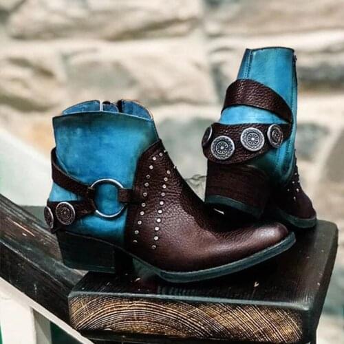 New Women Ankle Boots Ladies British PU Rivet Metal Buckle Woman Boots Female Heels Mixed Color Fashion Platform Botas Mujer