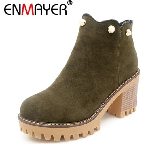 ENMAYER Ankle boots Round toe High heel women Ankle boots Warm Autumn Winter footwear boots Shoes woman Beading Zipper CR1488