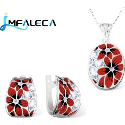 LMFALECA Women Silver Necklace Earrings Sets Bright Red Plum Flower Handmade Enamel Pendant Chain with Stone Luxury Fine Jewelry