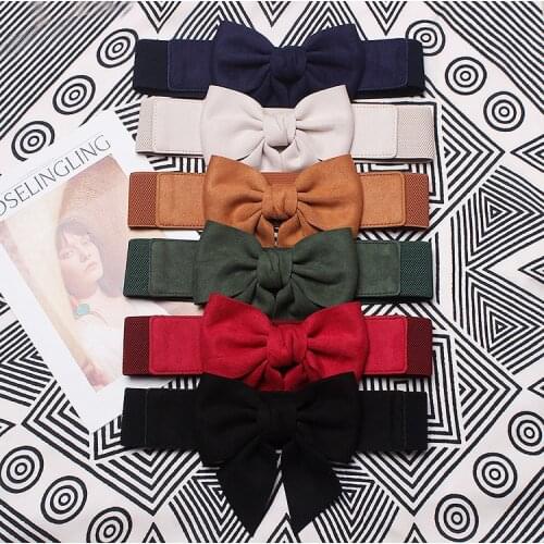 Womens Runway Fashion Faux Suede Elastic Big Bow Cummerbunds Female Dress Corsets Waistband Belts decoration Wide belt TB1565
