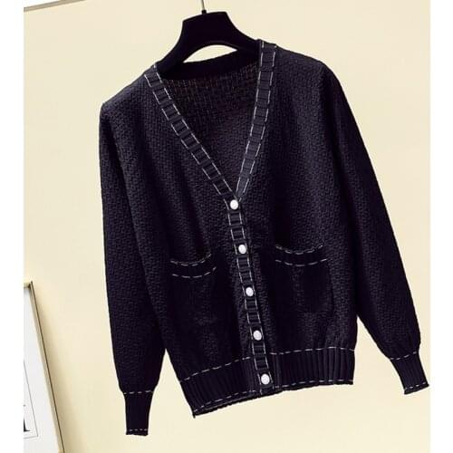 2020 New Autumn Sweaters Woman Vogue Korean Black White Elasticity Long Sleeve V Neck Female Cardigan Women Sweater Knitwear Top