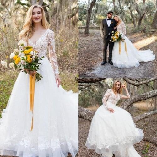 2021 New Wedding Dress A Line Long Sleeves Floral Appliques Bridal Gowns Sexy Deep V Neck Tulle Skirt Vestido De Novia