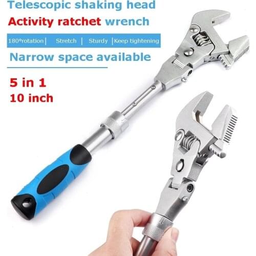 10-inch Ratchet Adjustable Wrench 5-in-1 Torque Wrench Can Rotate and Fold 180 Degrees Pipe Telescopic Wrench Repair Tool