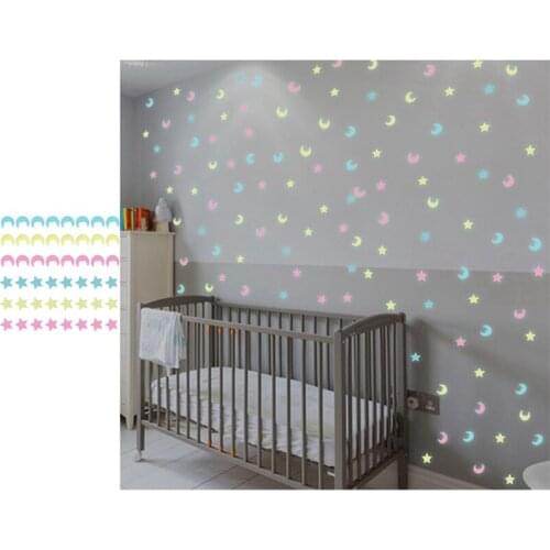 100Pcs/Lot3D Star And Moon Energy Storage Fluorescent Glow In The Dark Luminous On Wall Stickers For Kids Room Living Room Decal